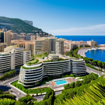 A professional photography shot of Monaco's vibrant, innovative cityscape, showcasing modern high-rise buildings seamlessly integrated with lush green spaces and advanced smart city infrastructure. The scene highlights the blend of financial sophistication and environmental consciousness, with elements hinting at marine research facilities or eco-friendly urban planning. The atmosphere is bright and forward-looking, emphasizing sustainable development and a clean environment. safe for work, appropriate content, fully clothed, professional, perfect anatomy, correct proportions, natural pose, well-formed hands, proper finger count, natural body proportions, high quality, crisp details, natural lighting.