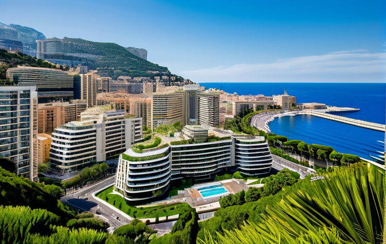 A professional photography shot of Monaco's vibrant, innovative cityscape, showcasing modern high-rise buildings seamlessly integrated with lush green spaces and advanced smart city infrastructure. The scene highlights the blend of financial sophistication and environmental consciousness, with elements hinting at marine research facilities or eco-friendly urban planning. The atmosphere is bright and forward-looking, emphasizing sustainable development and a clean environment. safe for work, appropriate content, fully clothed, professional, perfect anatomy, correct proportions, natural pose, well-formed hands, proper finger count, natural body proportions, high quality, crisp details, natural lighting.