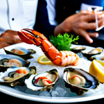 Seafood Platter**

"A beautifully arranged seafood platter featuring fresh oysters, shrimp, scallops, and lobster, displayed on ice with lemon wedges and dipping sauces, fully clothed people enjoying the meal in the background, upscale restaurant setting, appropriate content, safe for work, professional photography, perfect anatomy, correct proportions, natural pose, well-formed hands, proper finger count, natural body proportions, modest attire."

**